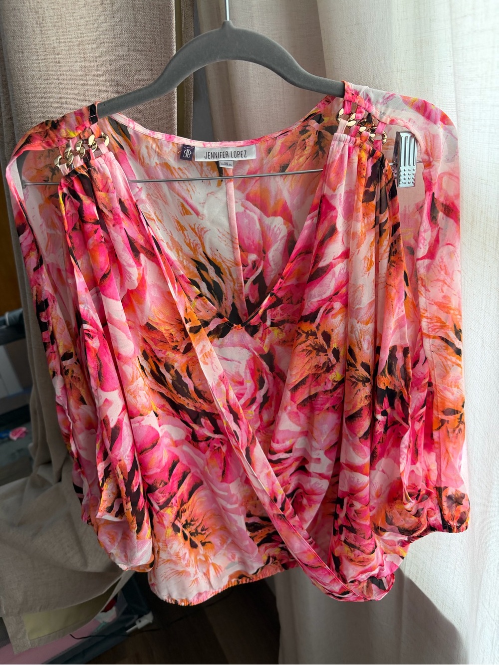 Jennifer Lopez Pink & Coral Floral Wrap Blouse